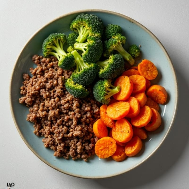 Lean Ground Beef and Crispy Broccoli Skillet with Roasted Sweet Potatoes