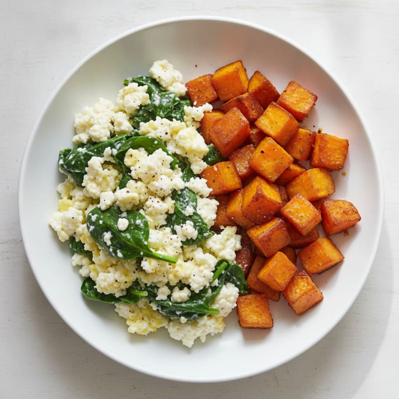 Cottage Cheese Scramble with Spinach and Roasted Sweet Potato