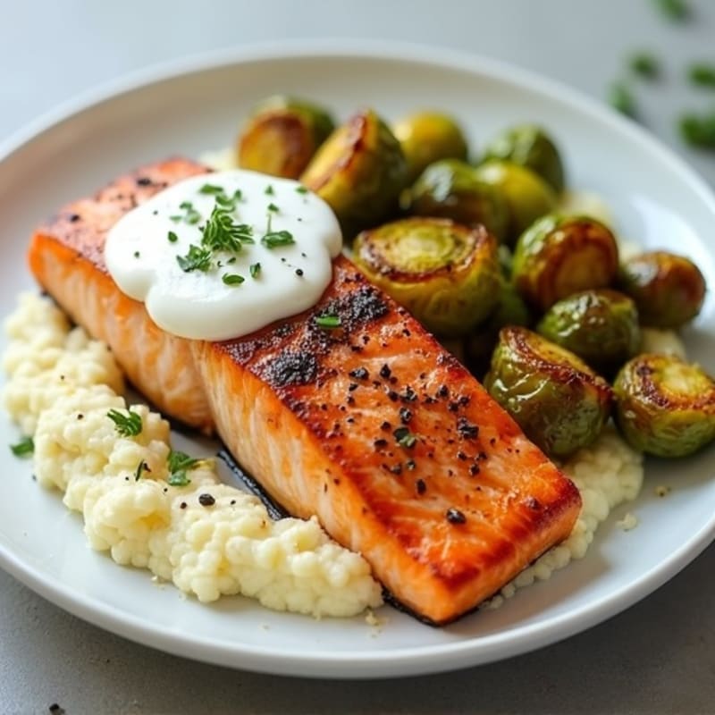 Seared Salmon with Roasted Brussels Sprouts and Cauliflower Mash