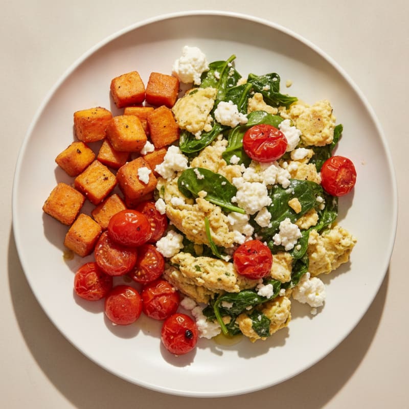 Egg White and Spinach Scramble with Cottage Cheese and Cherry Tomatoes