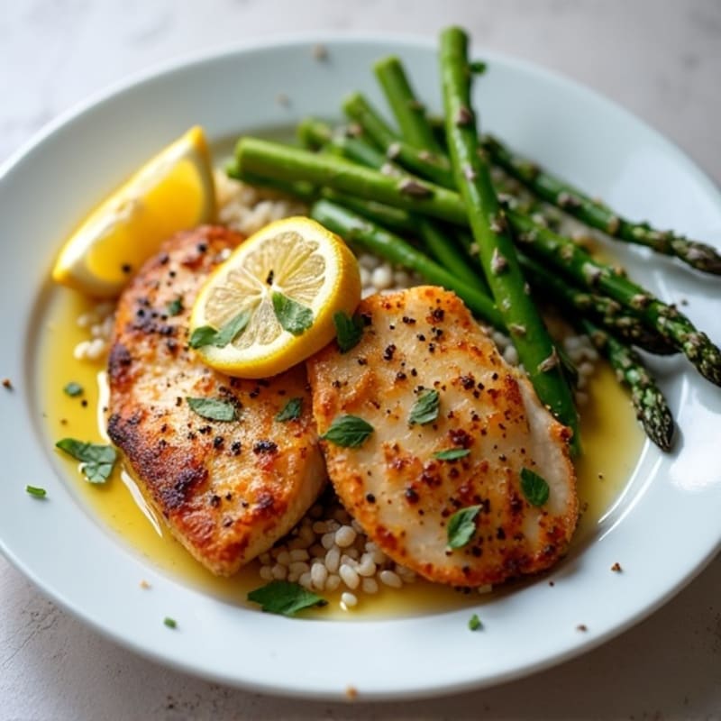 Crispy Pan-Seared Lemon-Herb Chicken with Roasted Asparagus