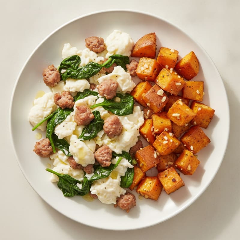 Egg White and Turkey Sausage Scramble with Spinach and Roasted Sweet Potatoes