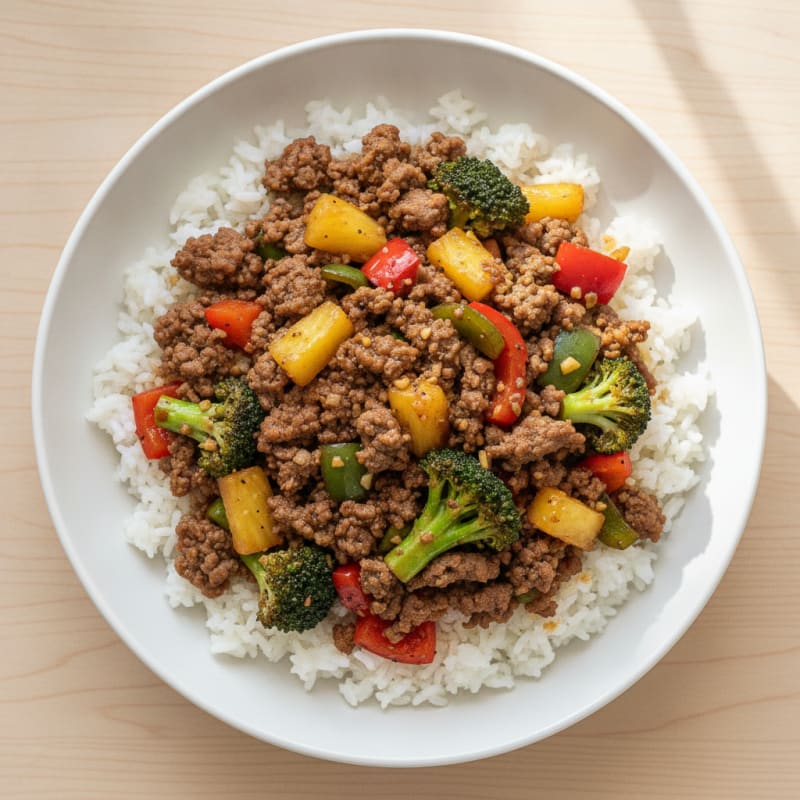 Lean Ground Beef Stir Fry with Broccoli and Bell Peppers over Rice