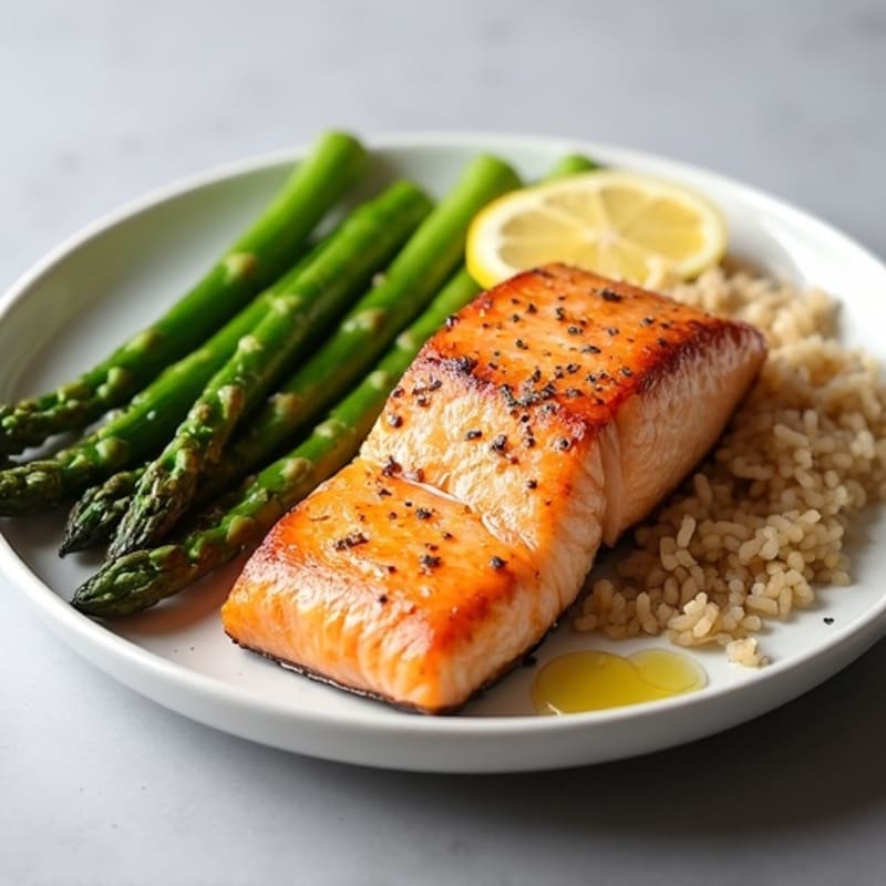Seared Salmon with Steamed Asparagus and Brown Rice
