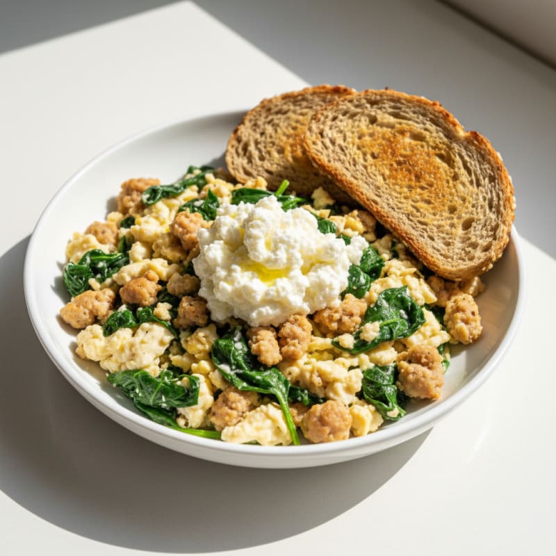 Egg White and Turkey Sausage Scramble with Cottage Cheese and Spinach