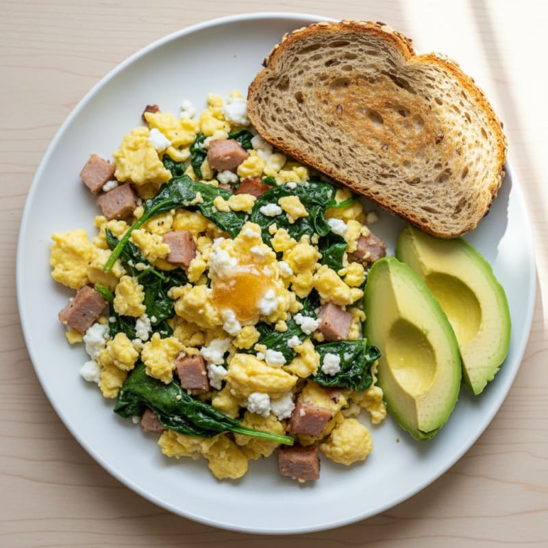 Cottage Cheese Egg Scramble with Spinach and Smoked Turkey