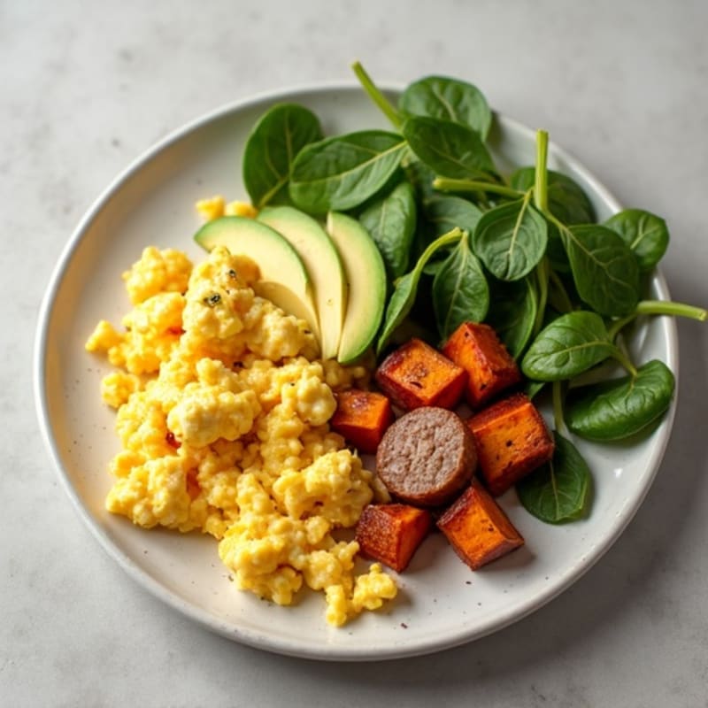 Egg White and Turkey Sausage Scramble with Roasted Sweet Potato