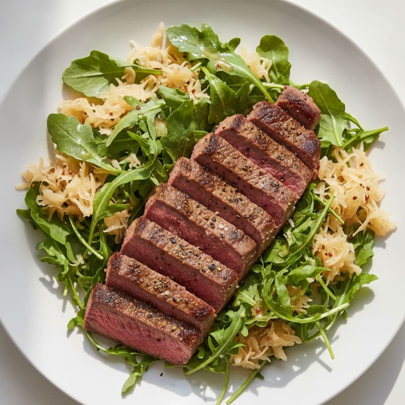 Pan-Seared Steak and Arugula Salad with Tangy Sauerkraut