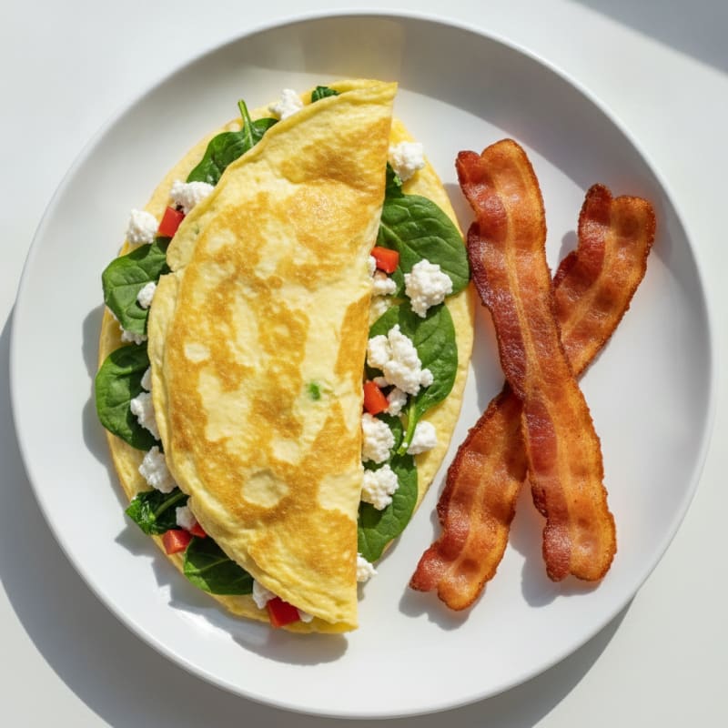 Cottage Cheese Spinach Omelette with Turkey Bacon