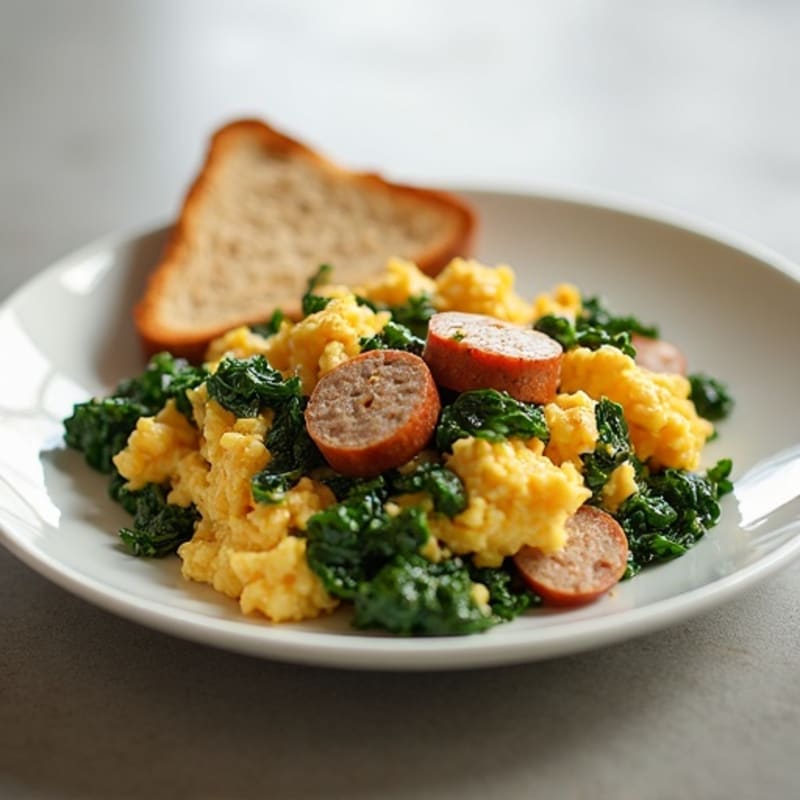 Egg White and Turkey Sausage Scramble with Sautéed Spinach