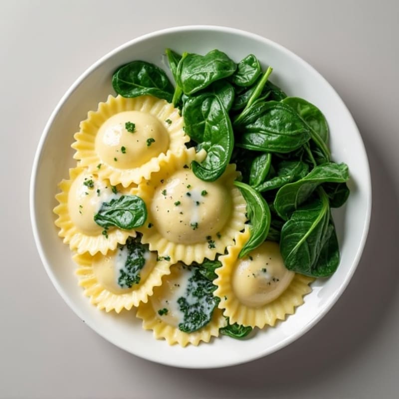 Creamy Spinach Ravioli with Sautéed Garlic Greens