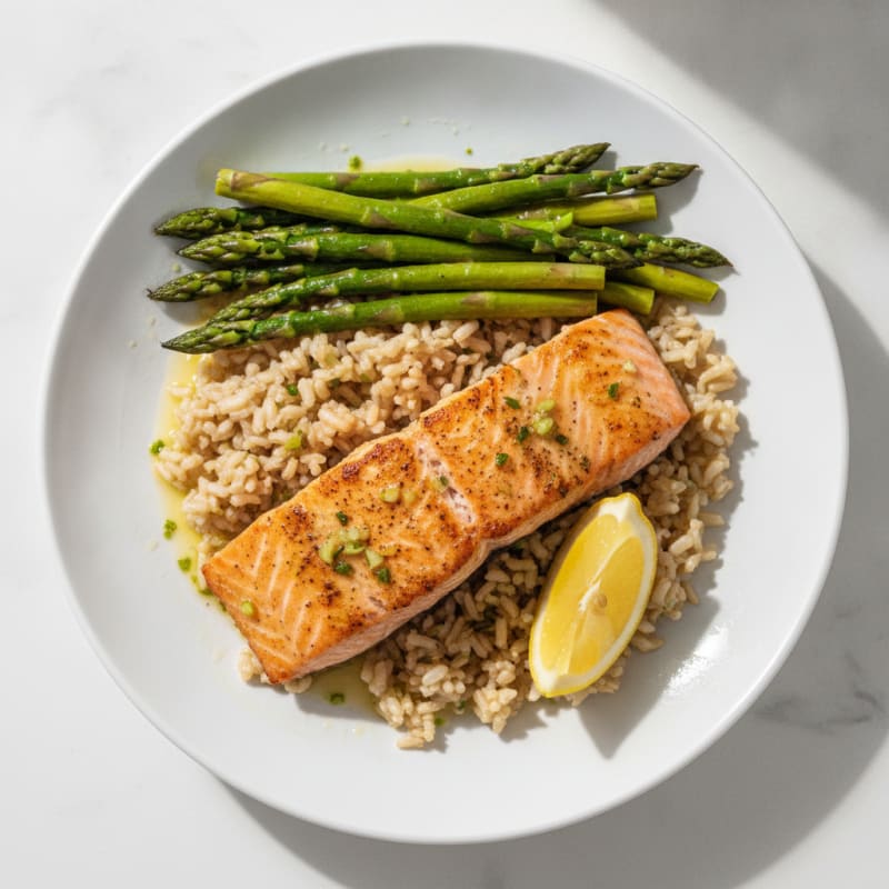 Seared Salmon with Steamed Asparagus and Brown Rice