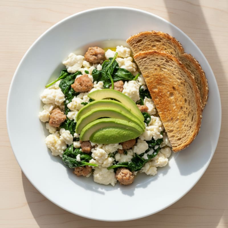 Egg White and Turkey Sausage Scramble with Sautéed Spinach