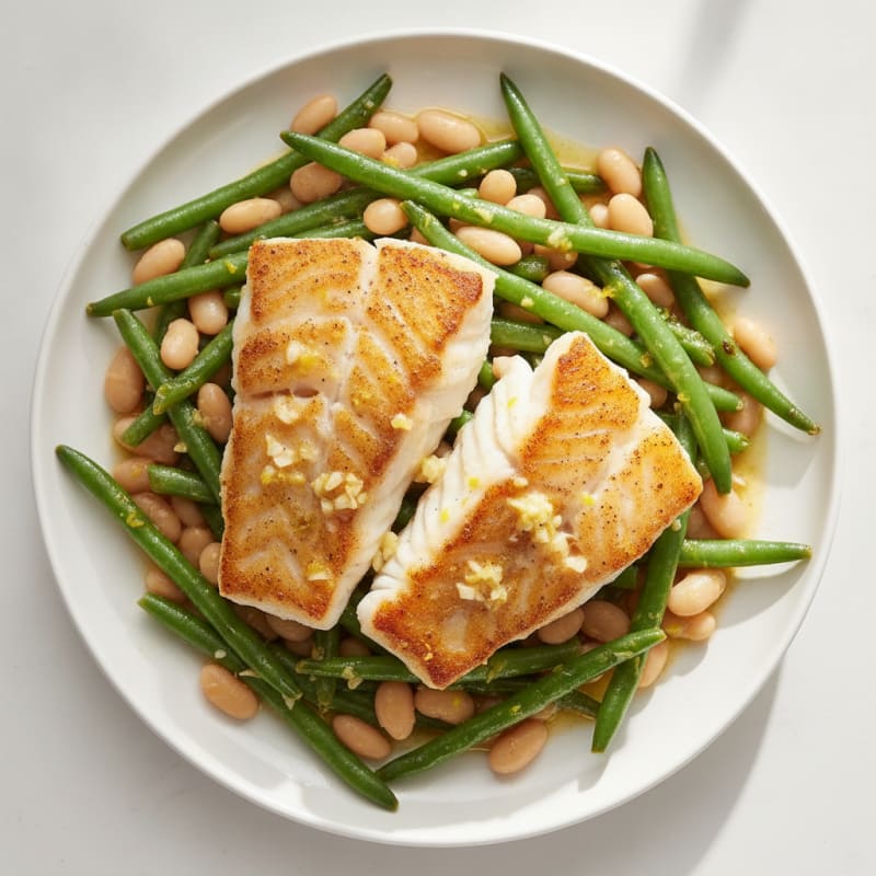 Seared Cod with Lemon Garlic Green Beans and White Beans