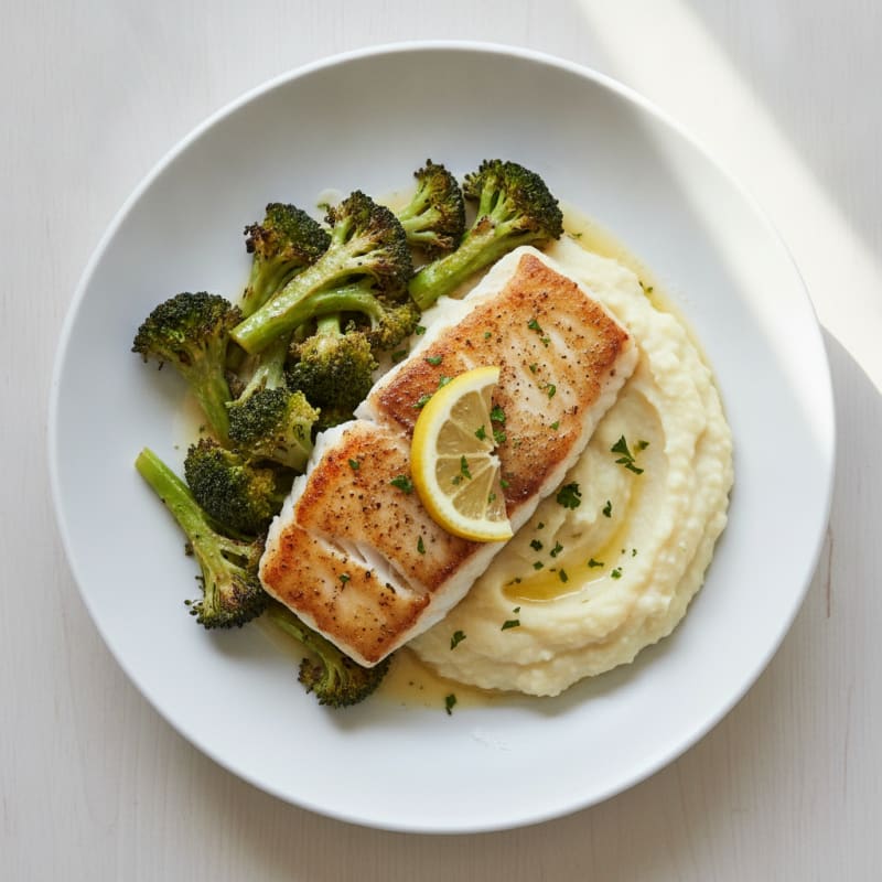 Seared White Fish with Roasted Broccoli and Garlic Mashed Cauliflower