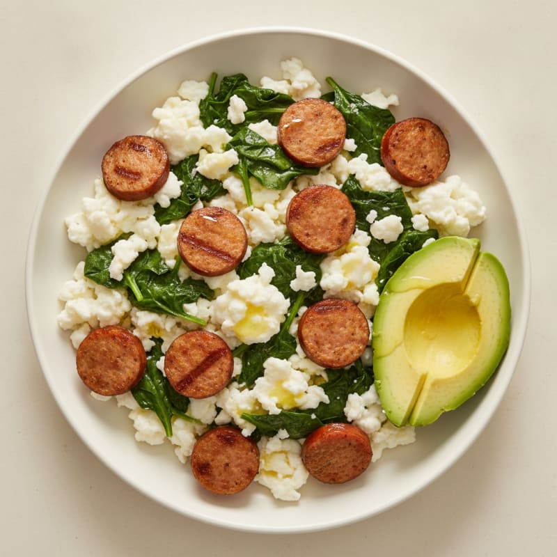 Egg White Scramble with Chicken Sausage and Sautéed Spinach