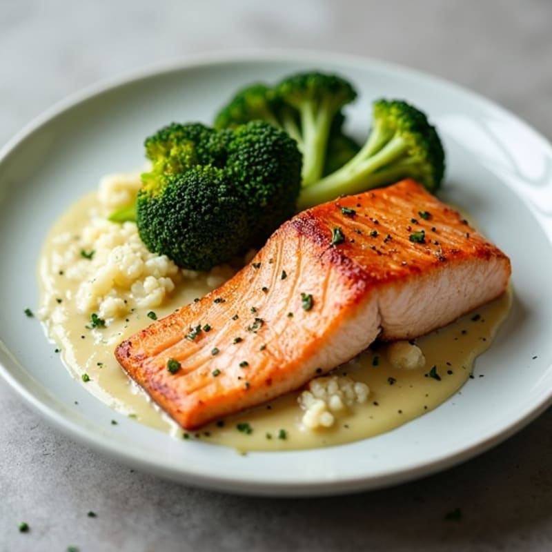 Seared Salmon with Roasted Broccoli and Garlic Cauliflower Mash