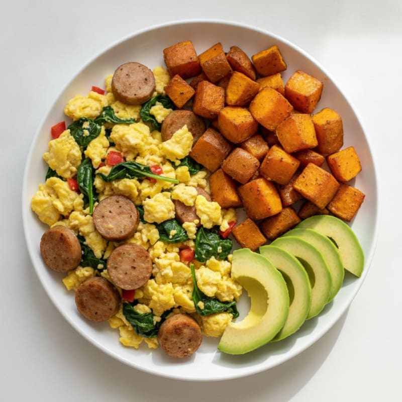 Scrambled Eggs with Chicken Sausage and Roasted Sweet Potatoes
