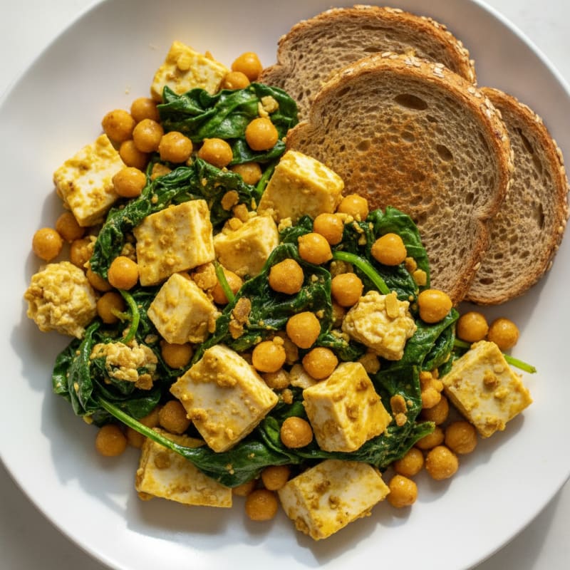 Silky Tofu and Chickpea Scramble with Spinach
