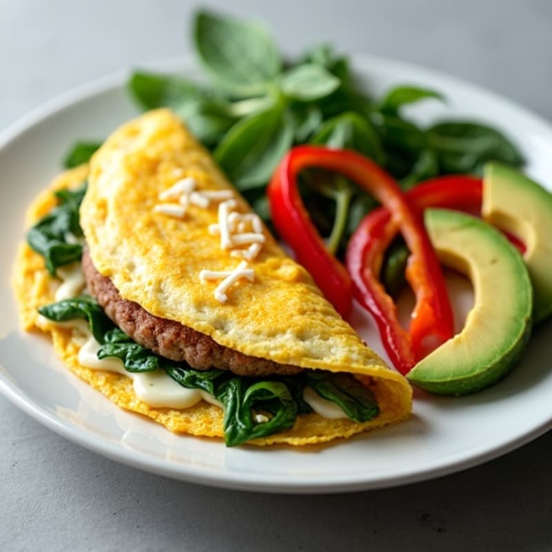 Egg White Spinach Omelette with Turkey Sausage and Sautéed Peppers