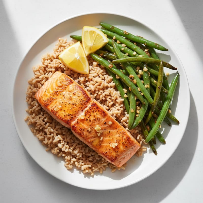 Seared Salmon Fillet with Garlic Green Beans and Brown Rice