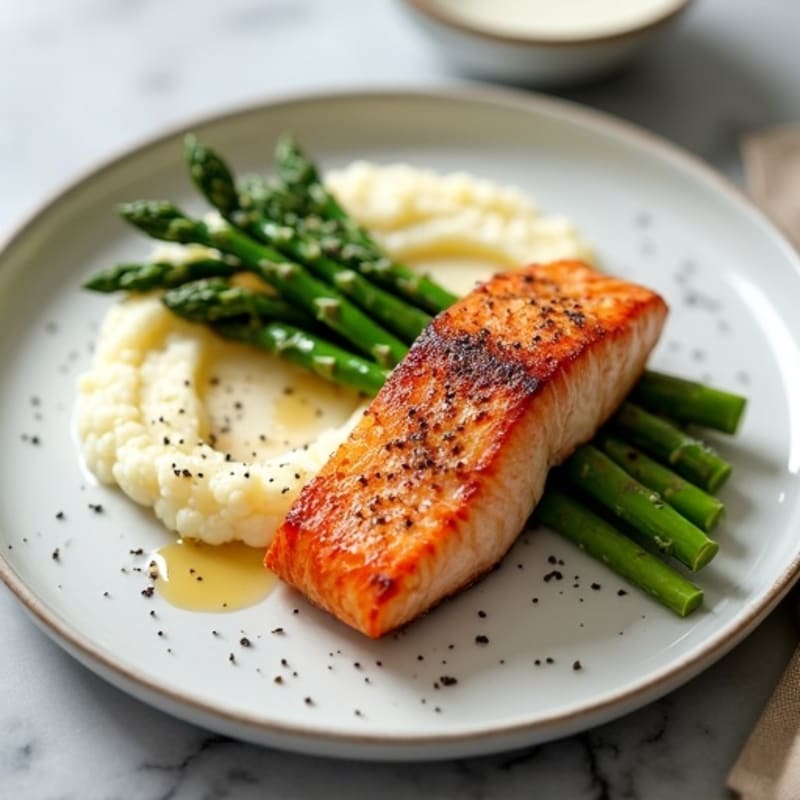 Seared Salmon with Steamed Asparagus and Cauliflower Mash