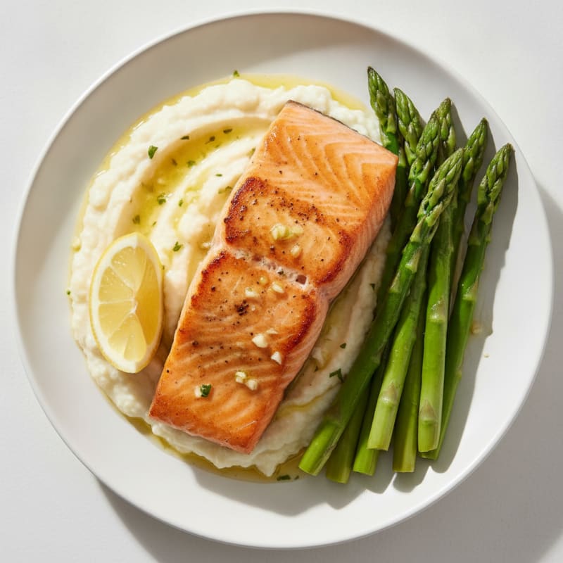Seared Salmon Fillet with Steamed Asparagus and Cauliflower Mash