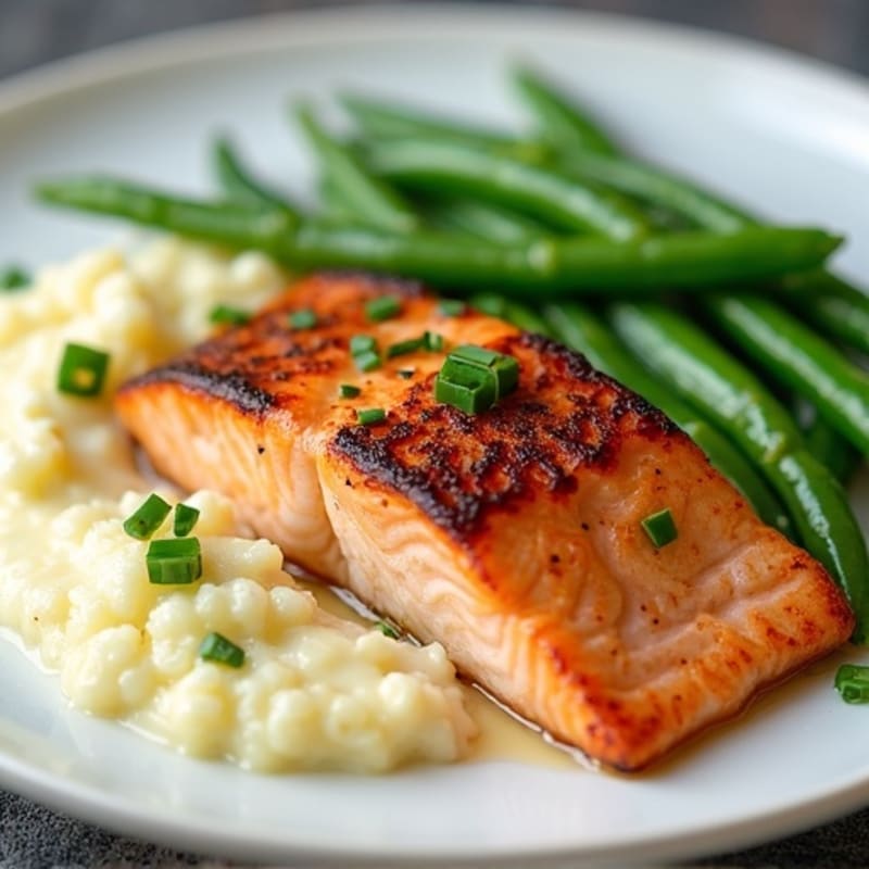 Seared Salmon with Steamed Green Beans and Cauliflower Mash