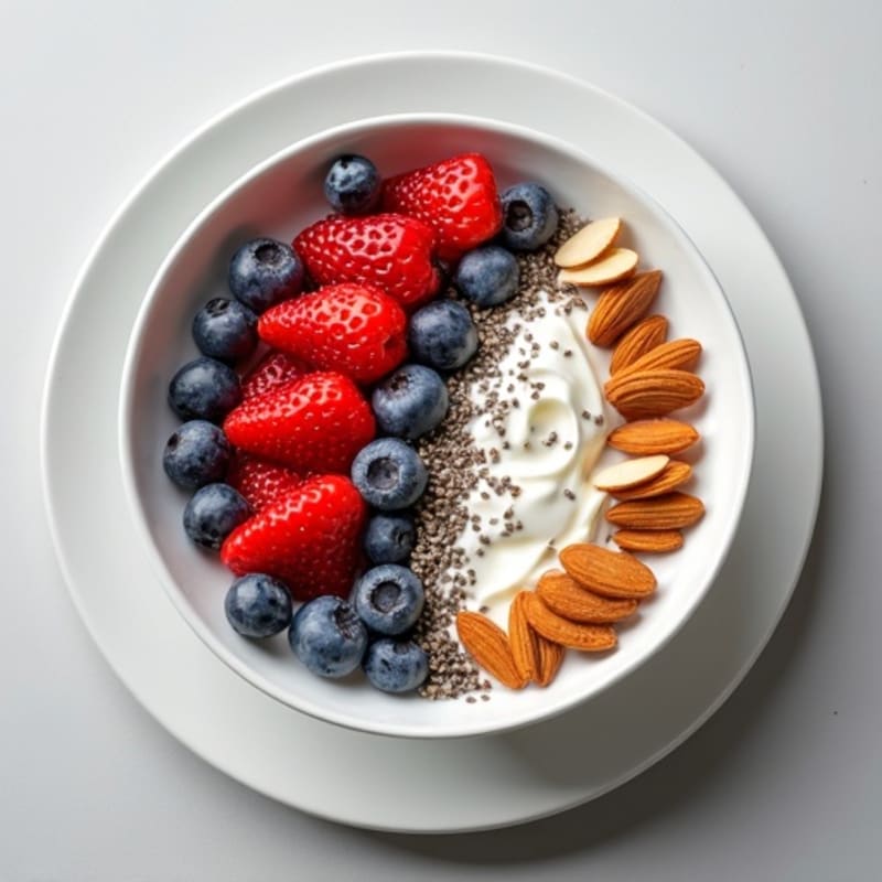 Berry Greek Yogurt Bowl with Sliced Almonds and Chia Seeds