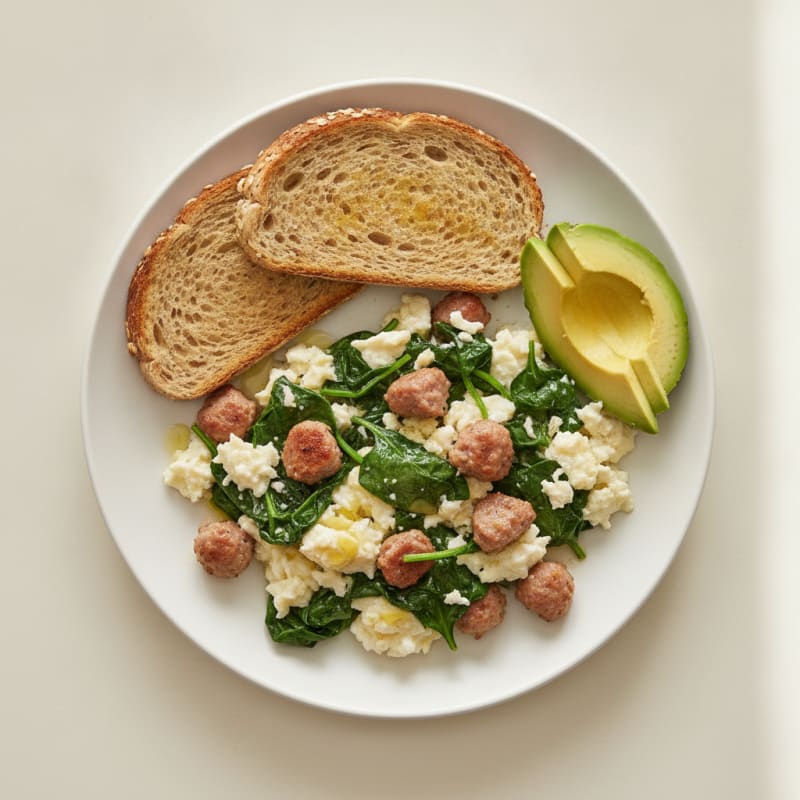 Egg White Scramble with Turkey Sausage and Sautéed Spinach