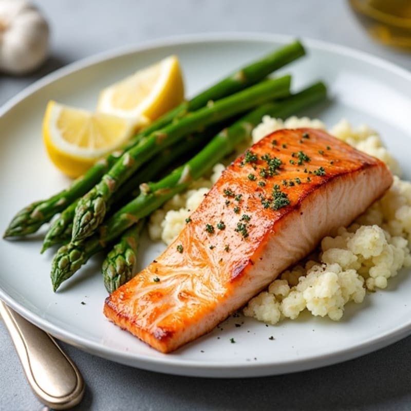 Seared Salmon with Roasted Asparagus and Garlic Mashed Cauliflower