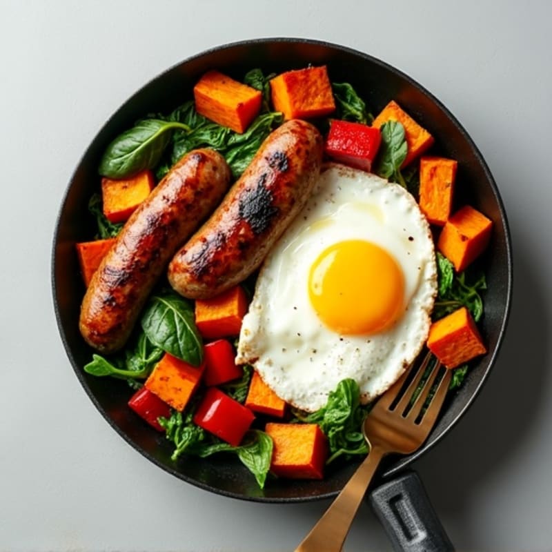Hearty Breakfast Skillet with Crispy Sweet Potatoes, Lean Turkey Sausage, and Fresh Spinach