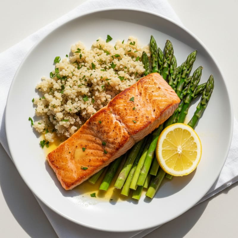 Seared Salmon with Steamed Asparagus and Quinoa
