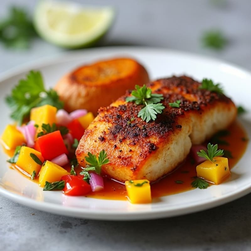 Crispy Blackened Cod with Tangy Mango Salsa and Roasted Sweet Potatoes