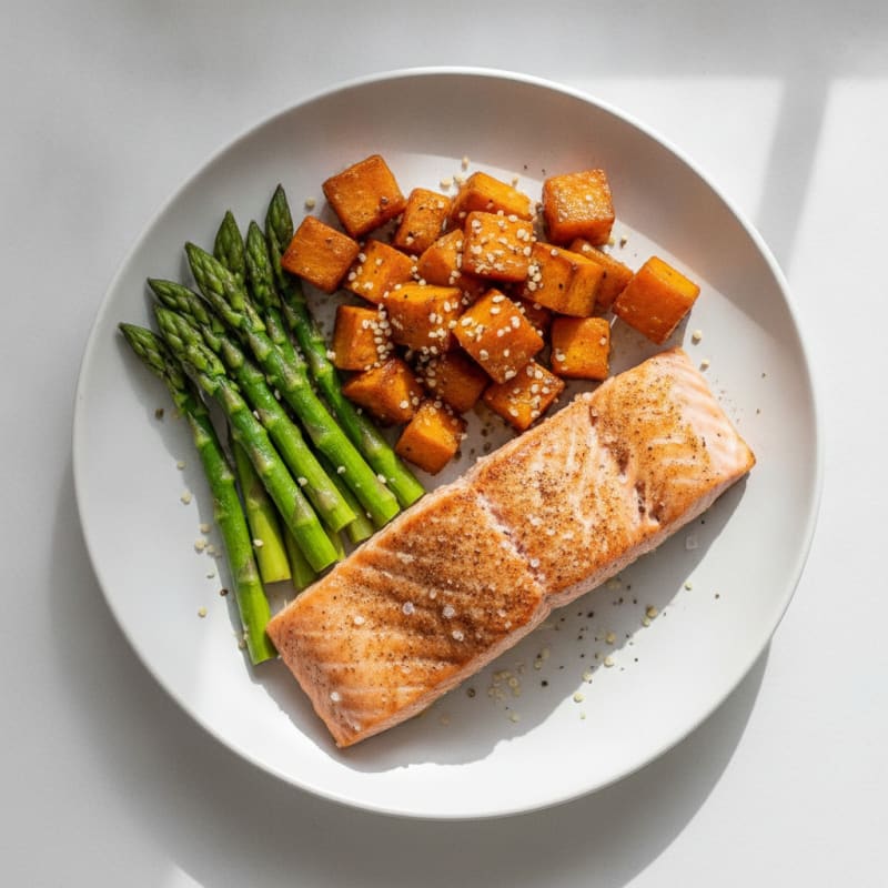 Pan Seared Salmon with Savory Sweet Roasted Sweet Potatoes and Asparagus