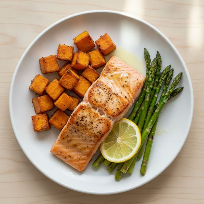Seared Salmon Fillet with Roasted Sweet Potato and Asparagus