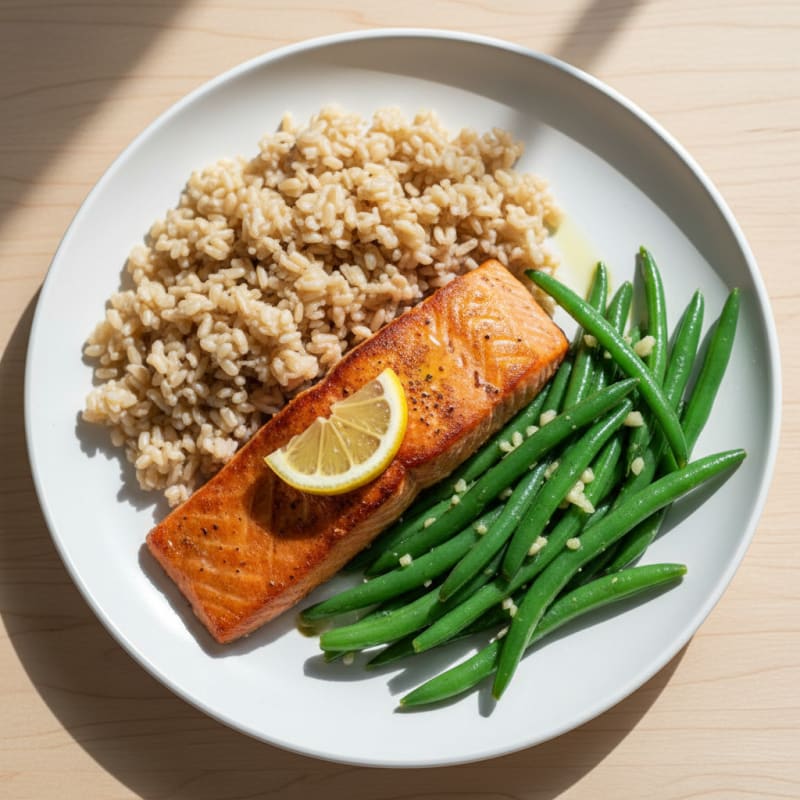 Seared Salmon Fillet with Garlic Green Beans and Brown Rice
