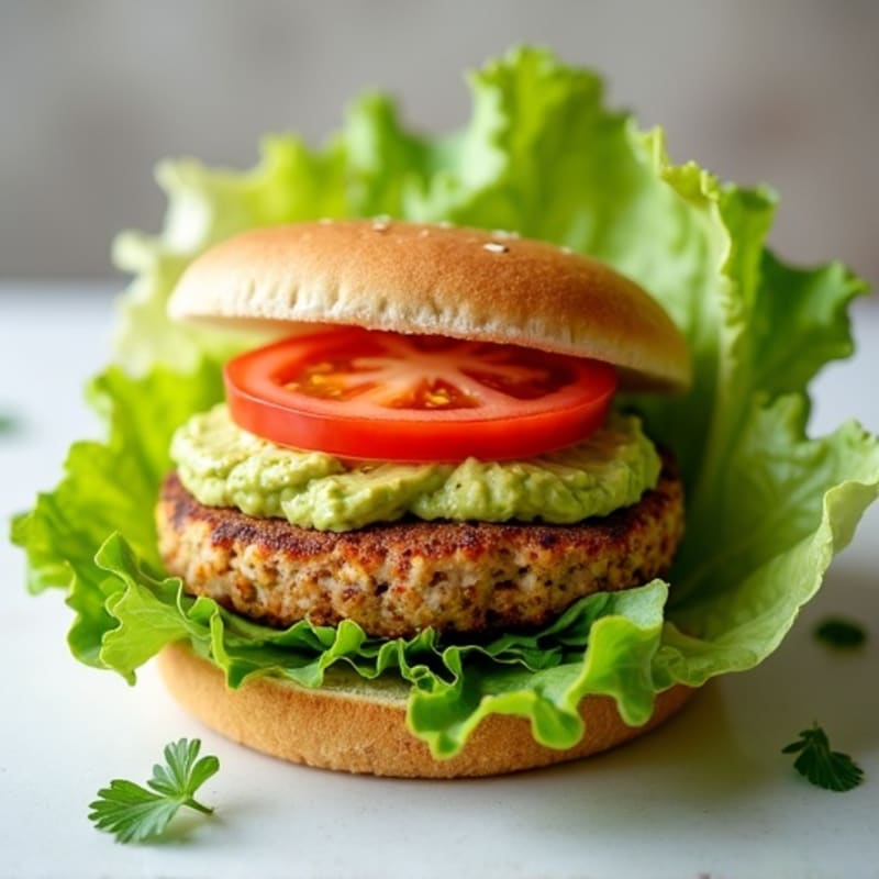 Lean Turkey Burger with Crispy Lettuce Wrap, Fresh Tomato, and Creamy Avocado