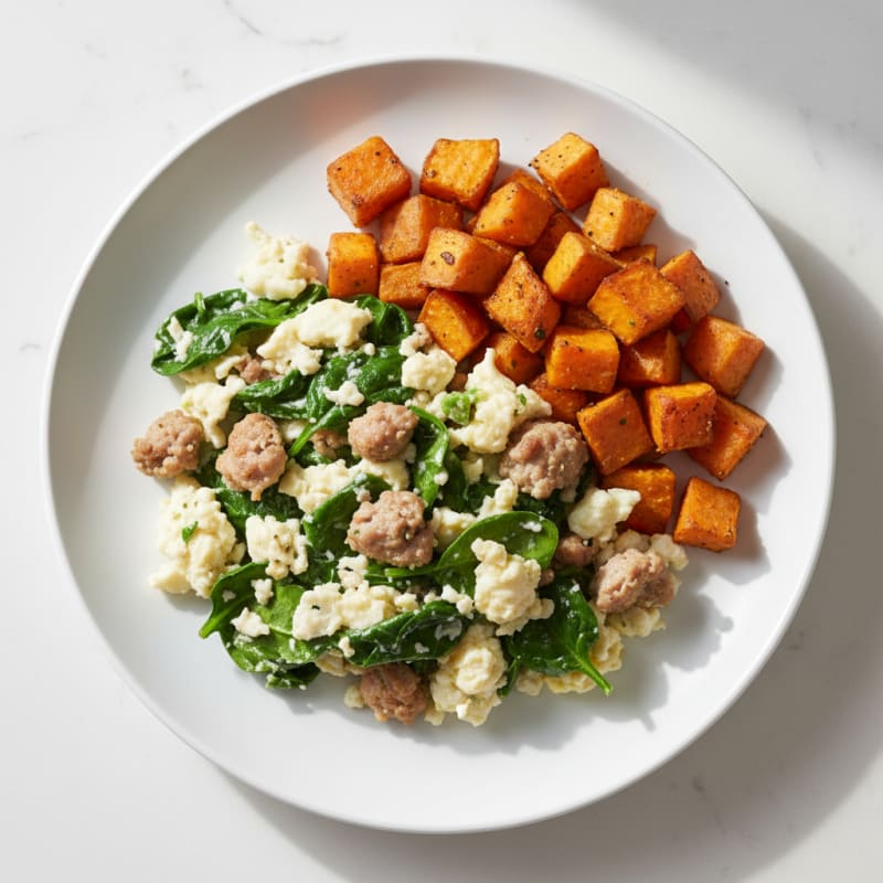 Egg White and Turkey Sausage Scramble with Spinach and Roasted Sweet Potatoes