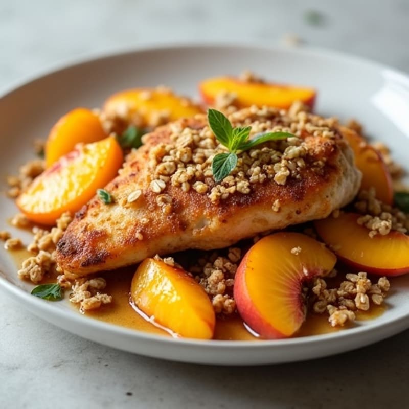 Baked Chicken with Caramelized Peaches and Savory Oat Crumble