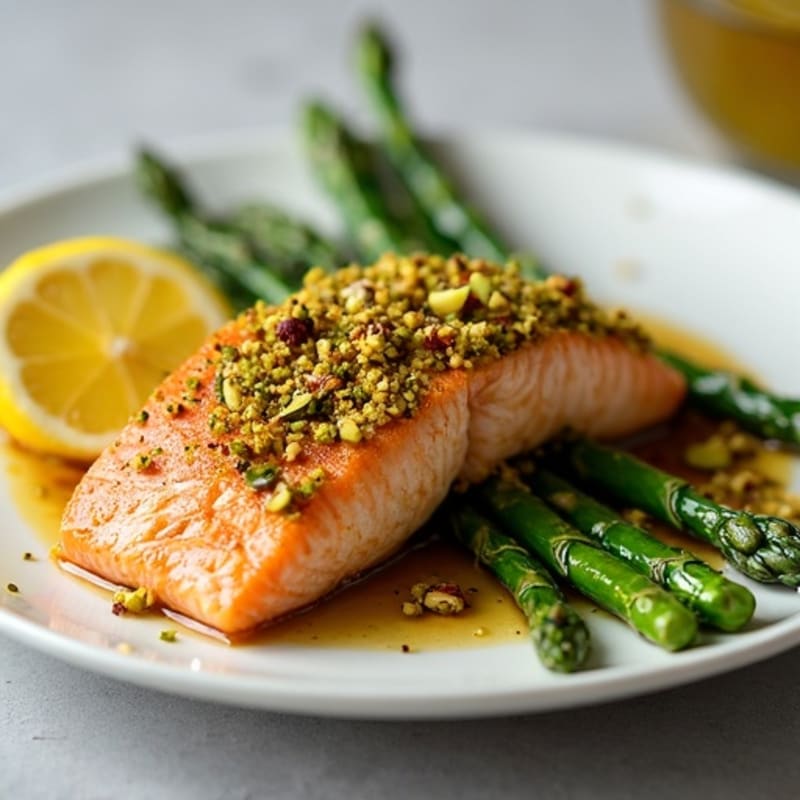 Crispy Pistachio-Crusted Salmon with Roasted Asparagus and Lemon Vinaigrette