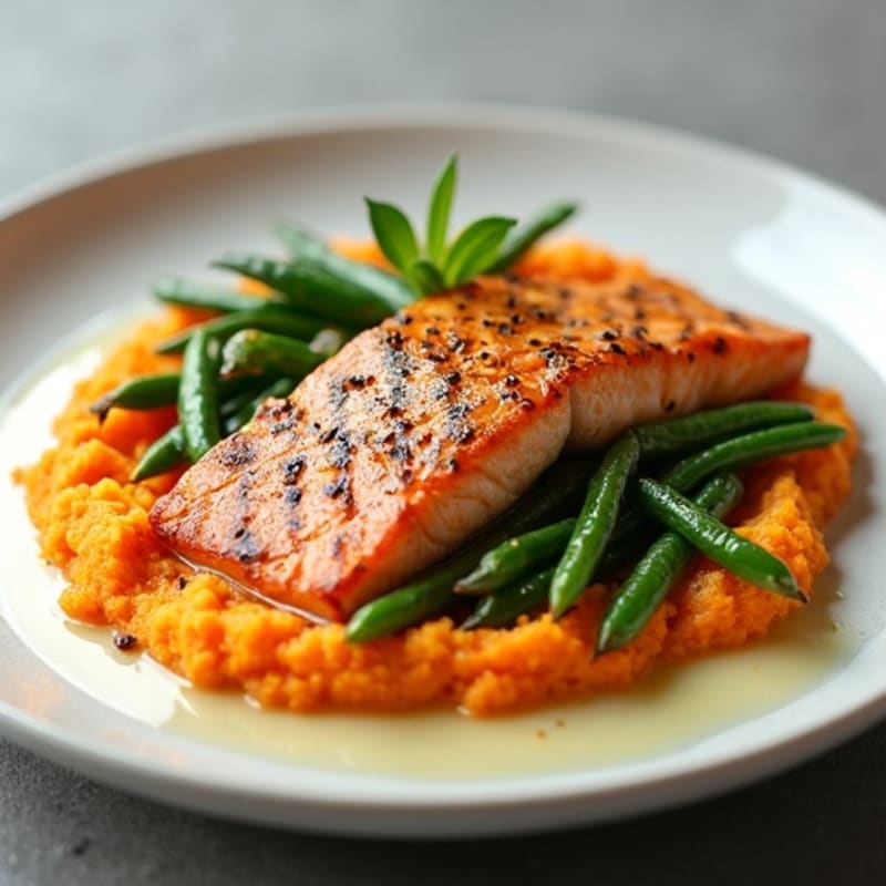 Grilled Salmon with Garlic Green Beans and Sweet Potato Mash
