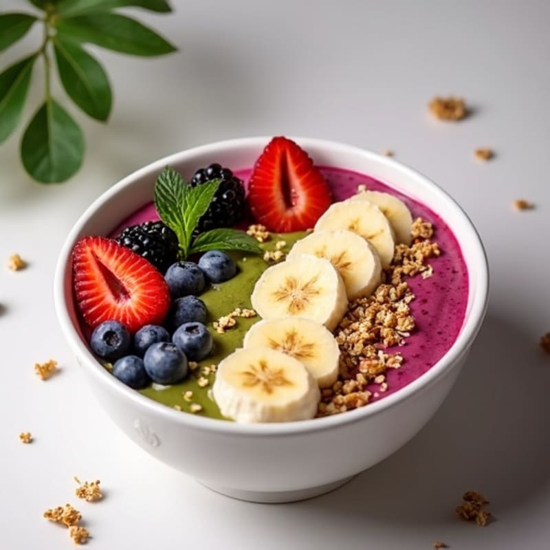 Thick and Creamy Matcha Protein Smoothie Bowl with Fresh Berries and Crunchy Granola