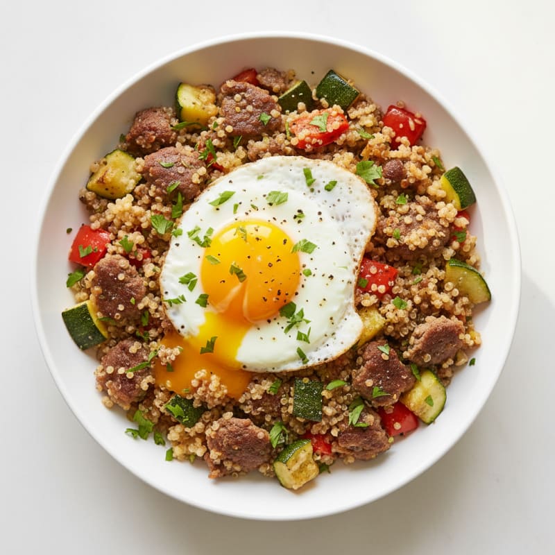 Crispy Ground Beef and Quinoa Bowl with Roasted Vegetables