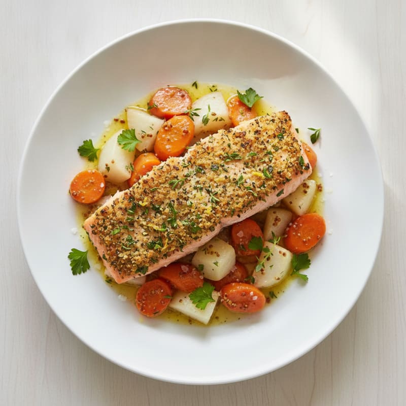 Herb-Crusted Salmon and Roasted Root Vegetables Bowl