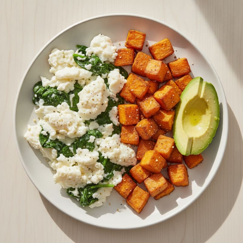 Scrambled Egg Whites with Sautéed Spinach and Roasted Sweet Potato