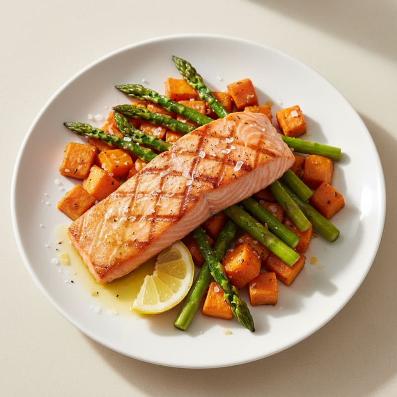 Seared Salmon Fillet with Roasted Sweet Potatoes and Asparagus
