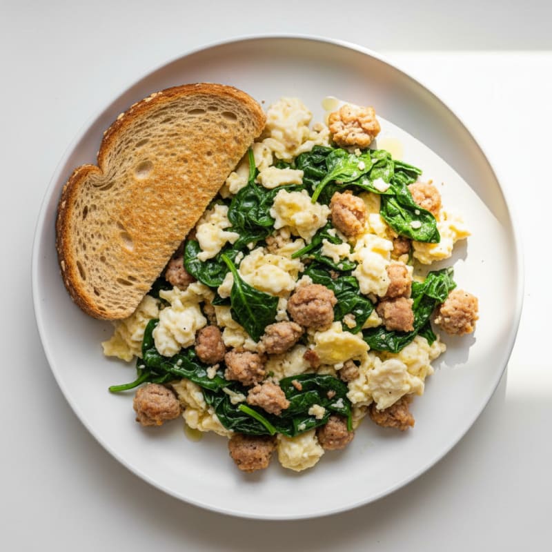 Egg White and Turkey Sausage Scramble with Sautéed Spinach