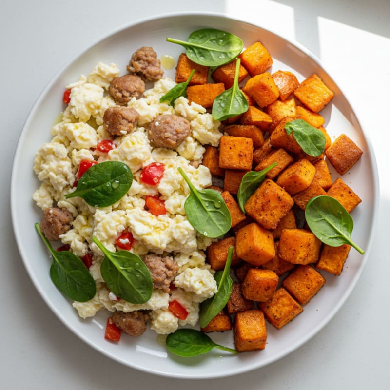 Egg White Scramble with Turkey Sausage and Roasted Sweet Potatoes