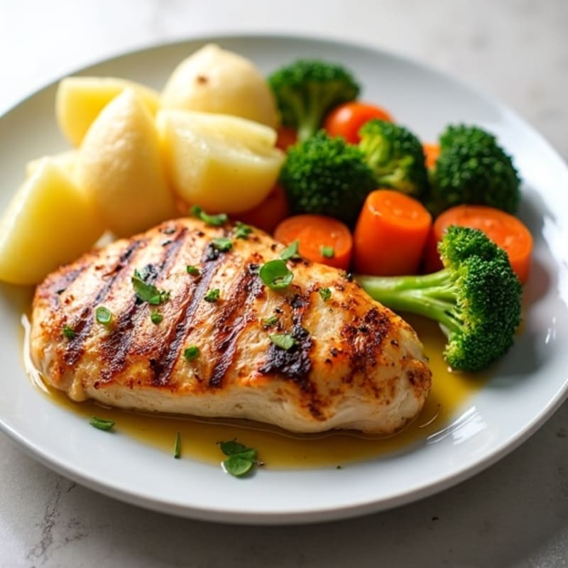 Grilled Chicken with Roasted Potatoes and Steamed Veggies